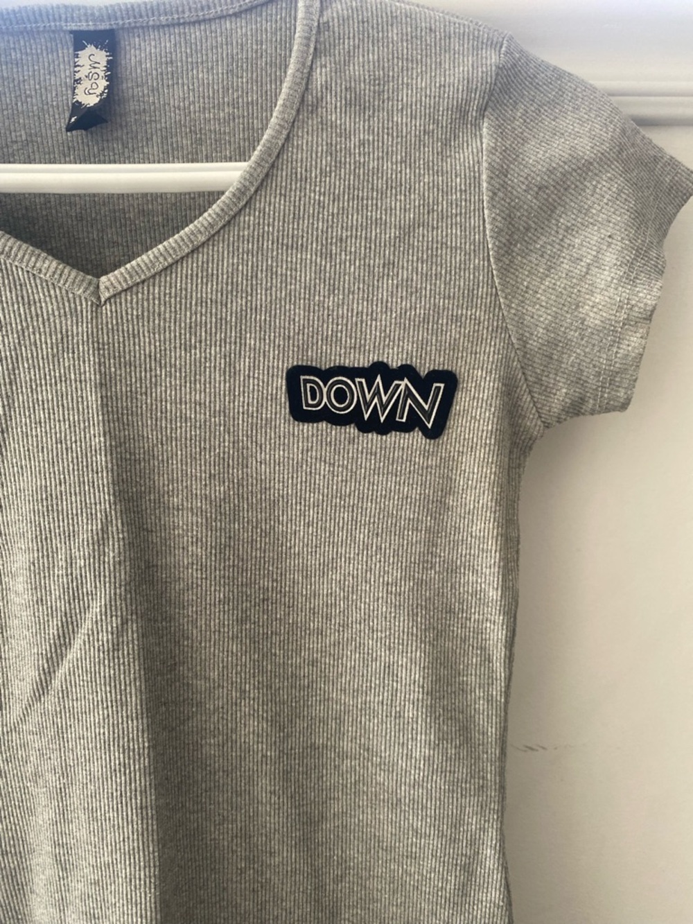 Grey Ribbed V-Neck Tee with DOWN Patch